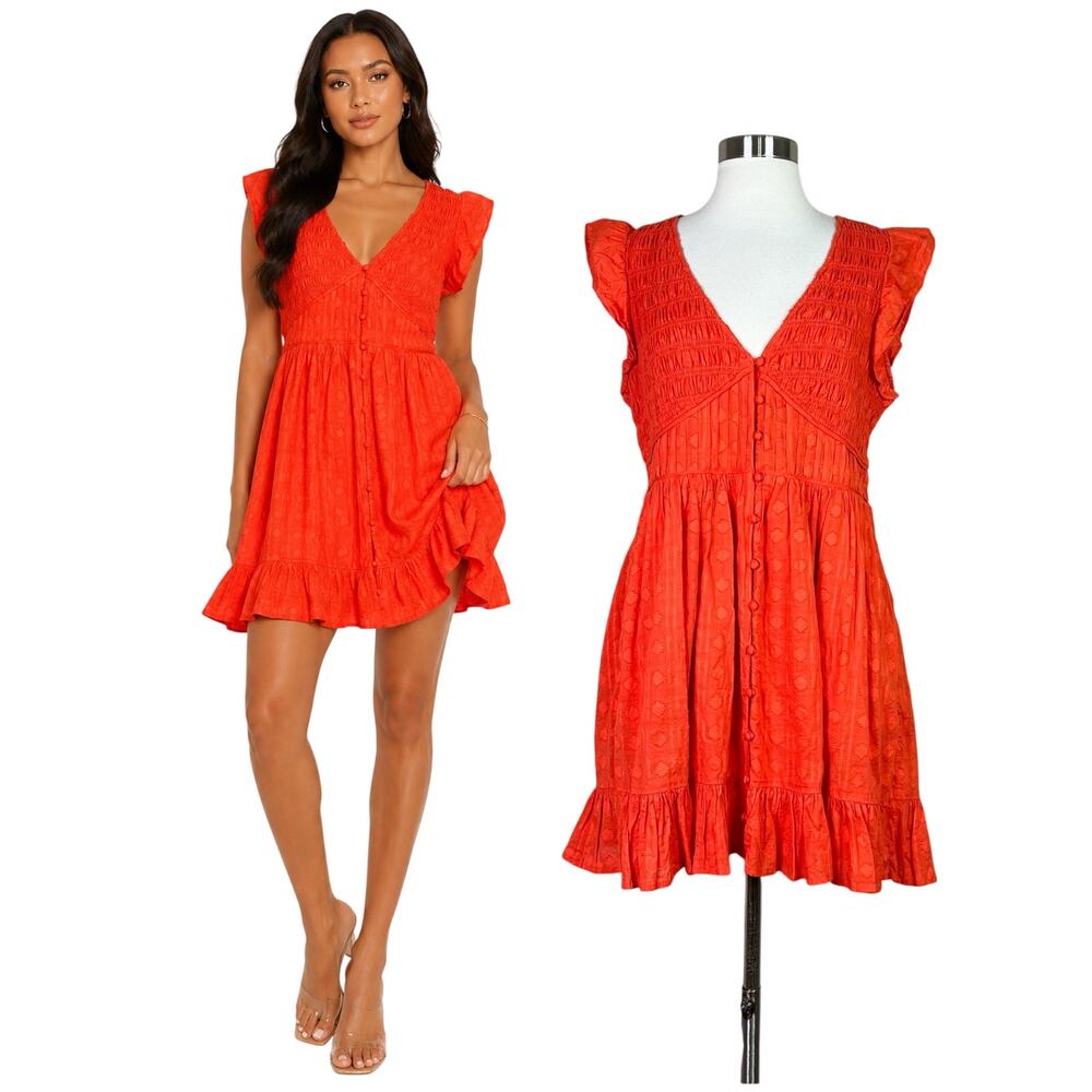 Anthropologie | Somerset Smocked Cotton Polkadot Flutter Sleeve Mini Dress M